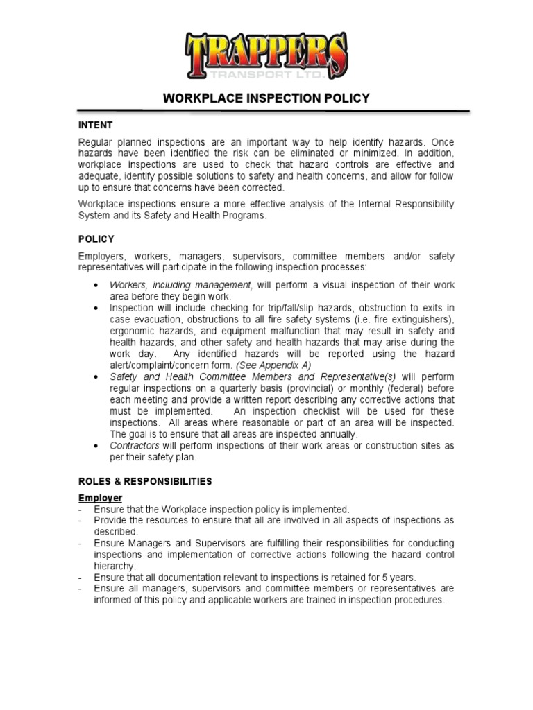 Workplace Inspection Policy | PDF | Occupational Safety And Health | Safety