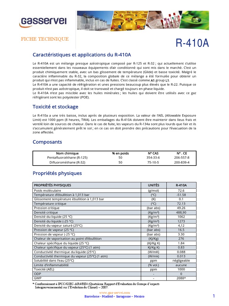 Fiche Technique Du R 410A PDF Atmosph re De La Terre Chaleur