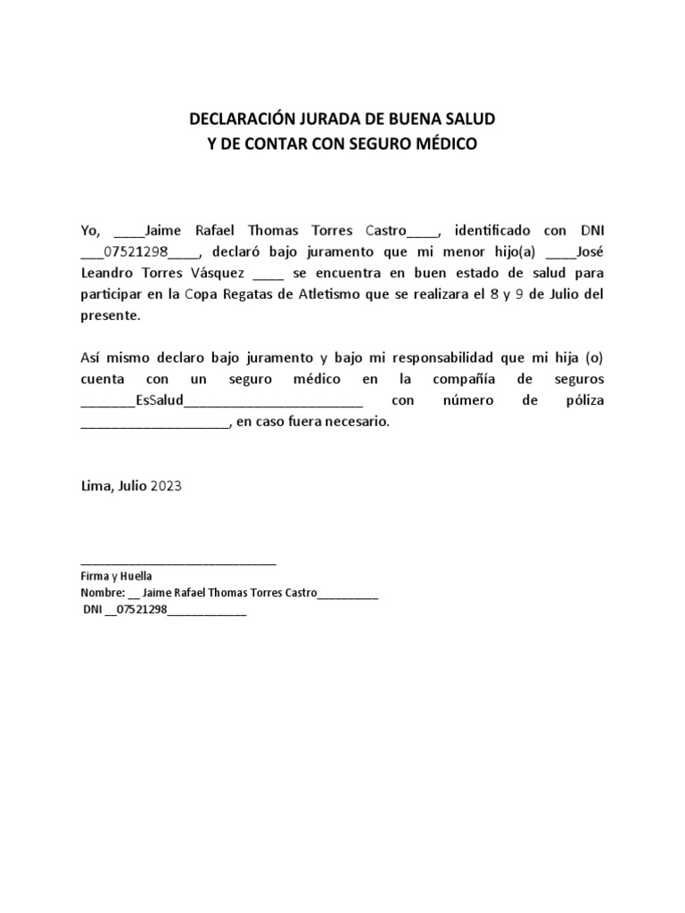 Declaración Jurada de Salud y Seguro Médico | PDF | Derecho