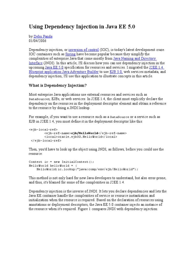 Using Dependency Injection In Java Ee 5 Pdf Enterprise Java Beans Java Platform