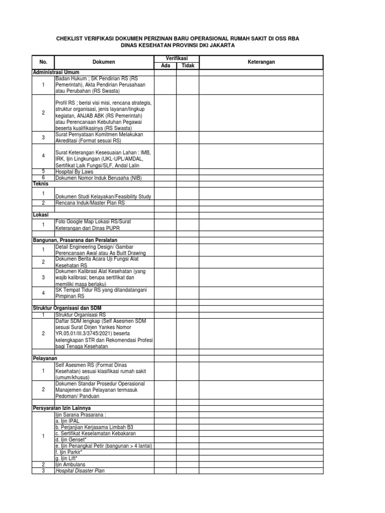 Checklist Dokumen Izin Baru Rs Pdf