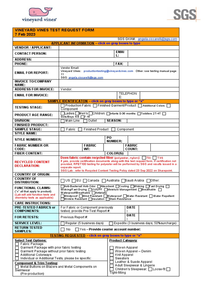 Vineyard Vines - SGS Test Request Form - 7 Feb 2023 | PDF | Textiles ...