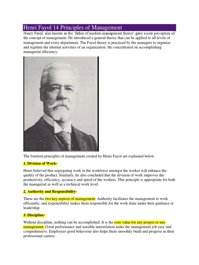 Henri Fayol's 14 Management Principles | PDF | Business | Economies