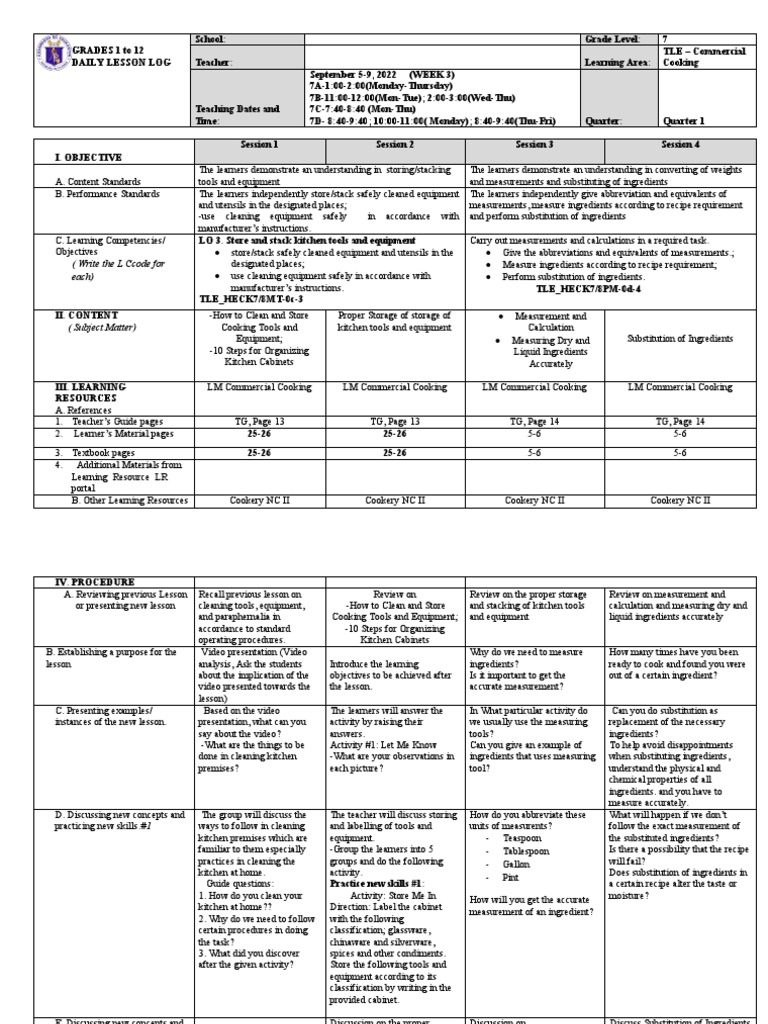 DLL in Commercial Cooking 7Week3 PDF Kitchen Kitchen Utensil