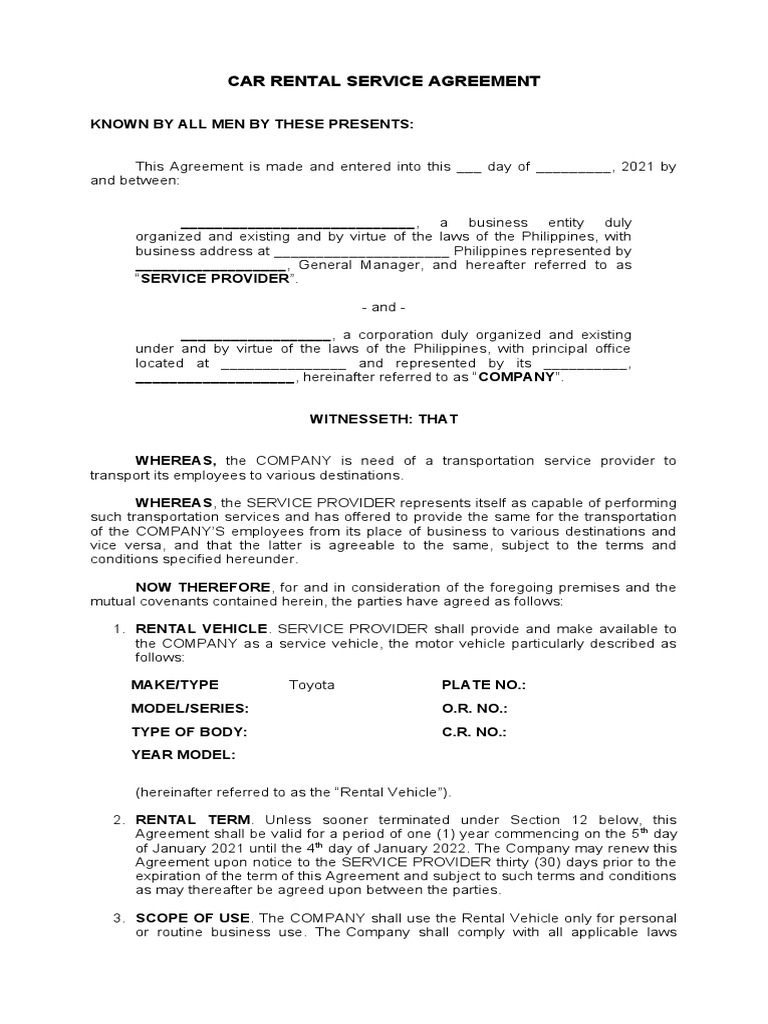 Car Rental Service Agreement Philippines | PDF | Non Disclosure ...