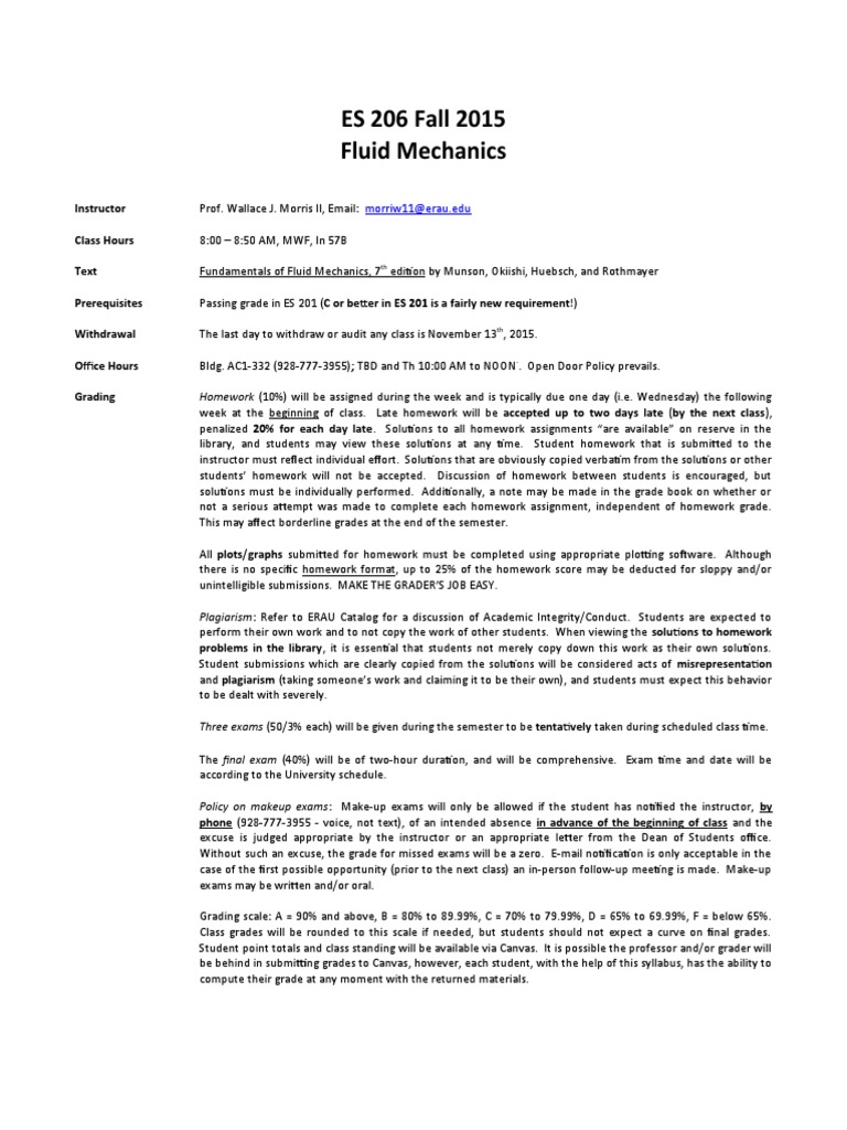 ES206 Syllabus F15 PDF Fluid Dynamics Fluid Mechanics