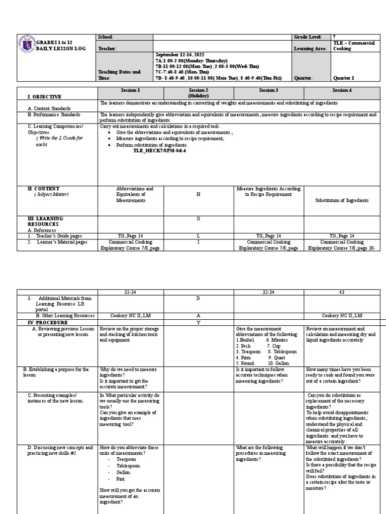 DLL in Commercial Cooking 7Week 4 PDF Gallon Teaspoon