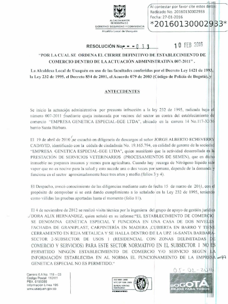 Resolución 033 Por La Cual Se Ordena El Cierre Definitivo de ...