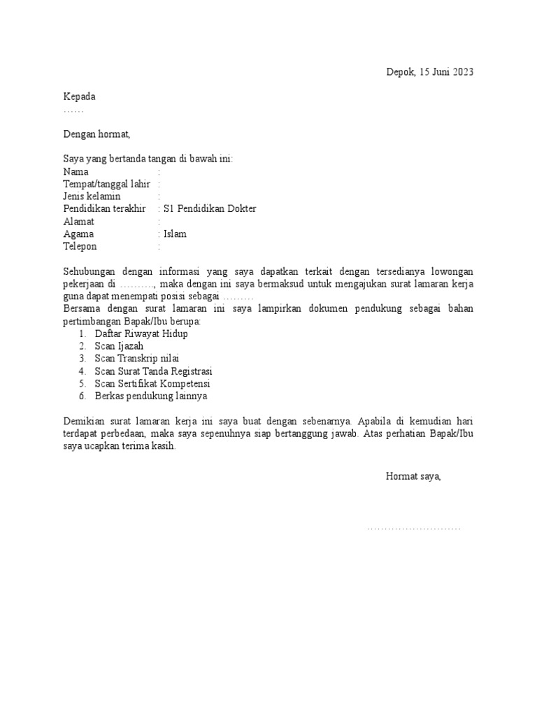 Surat Lamaran Kerja Contoh | PDF