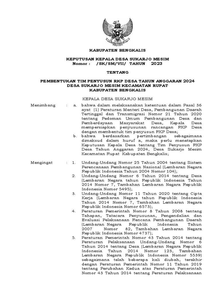 Tim Penyusun RKP Desa 2024 Bengkalis | PDF | Pengelolaan Keuangan & Uang