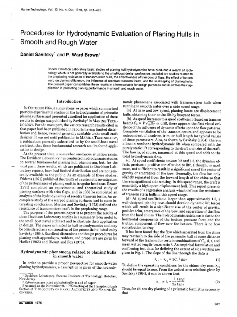 1976 Procedures For The Hydrodynamic Evaluation of Planing Hulls in Smooth and Rough Water PDF