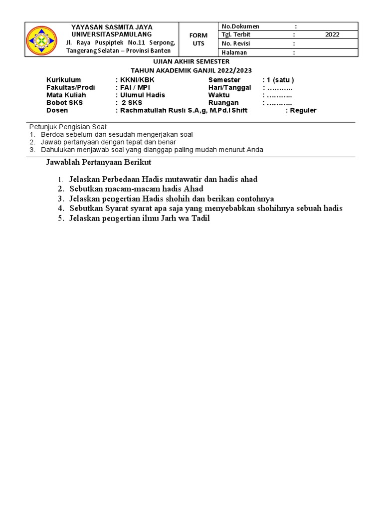 Menguasai Ujian Akhir Semester 1: Panduan Lengkap Dokumen Soal UAS Quran Hadis Kelas 11