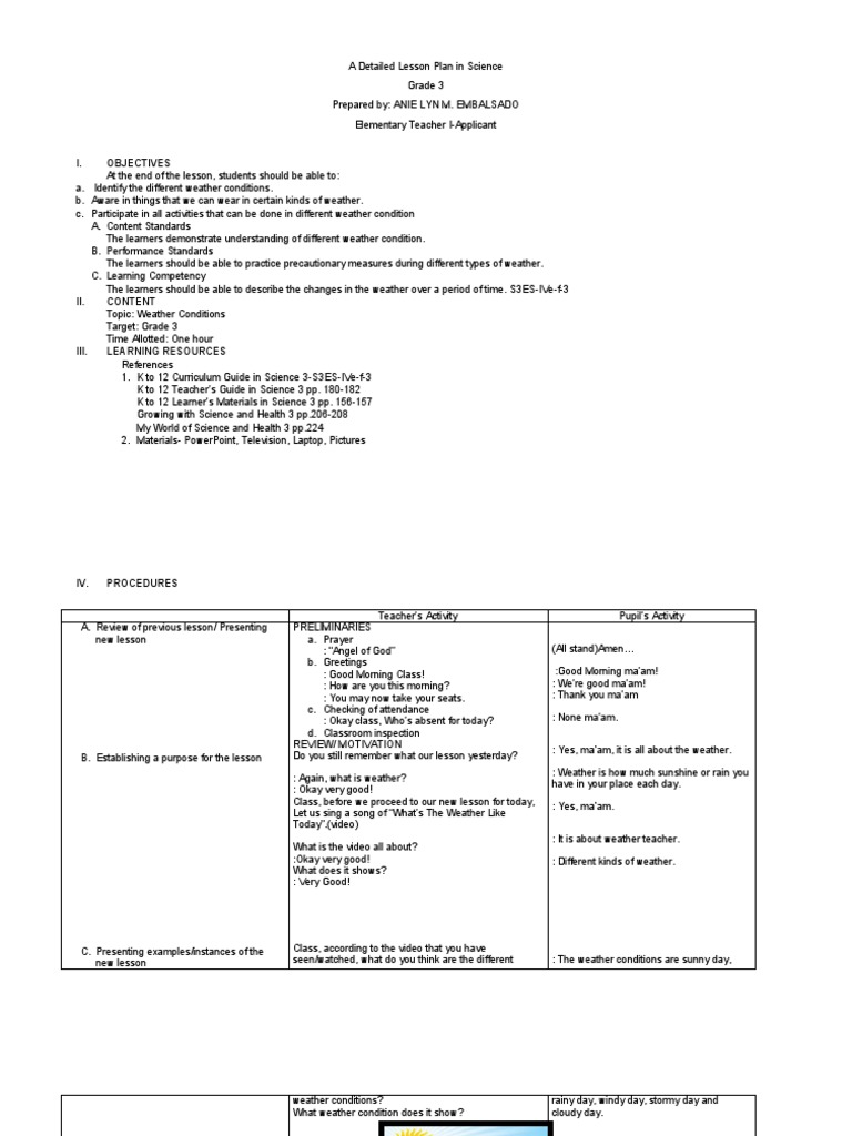 A detailed lesson plan in science iii weather conditions pdf
