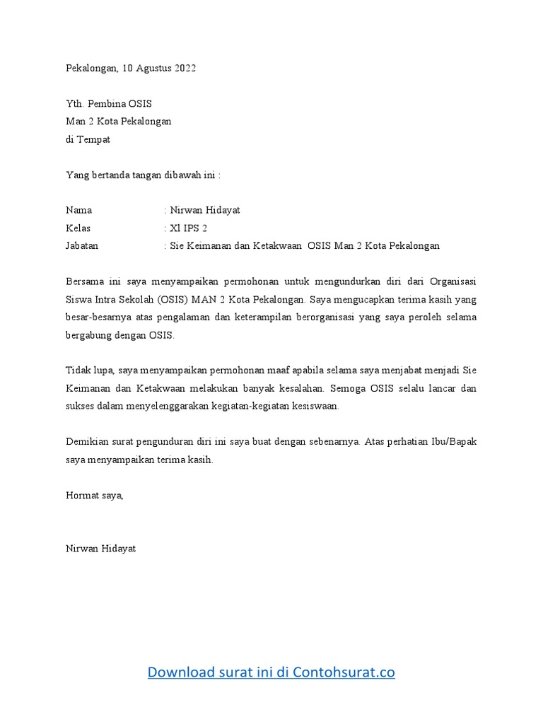 Surat Pengunduran Diri Dari Organisasi Osis | PDF
