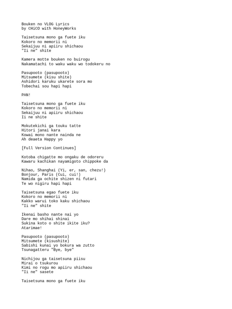 CHiCo With HoneyWorks Bouken No VLOG Lyrics Romaji Lyrics PDF