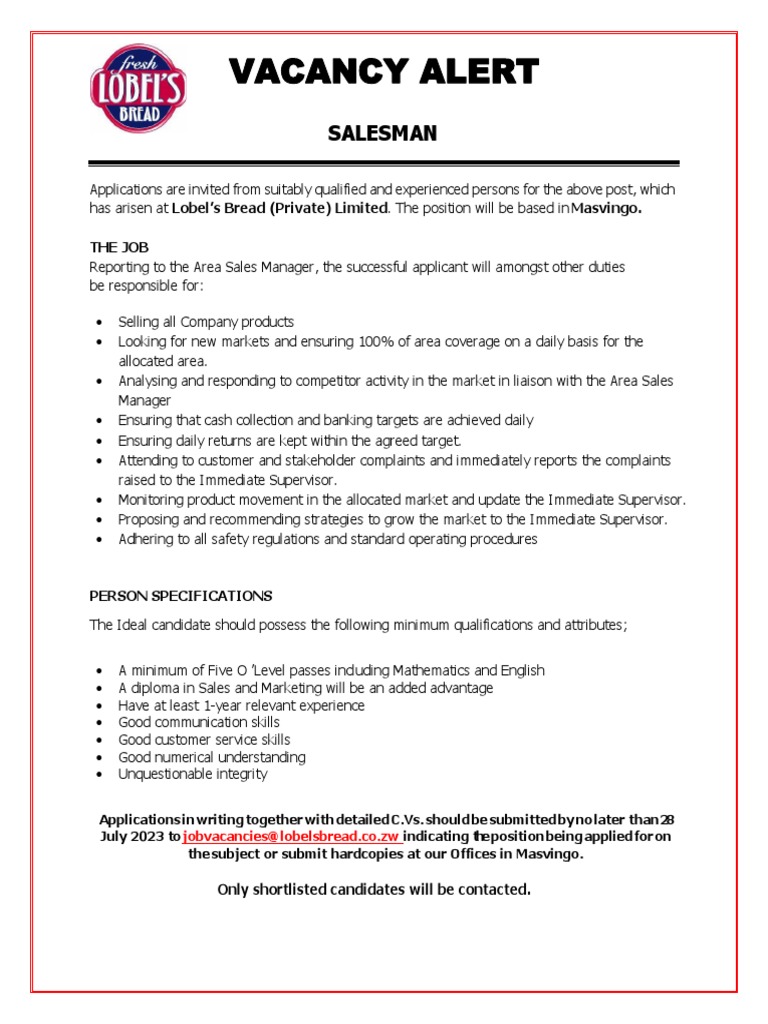 Lobels Bread Job Vacancy Salesman (Masvingo) PDF