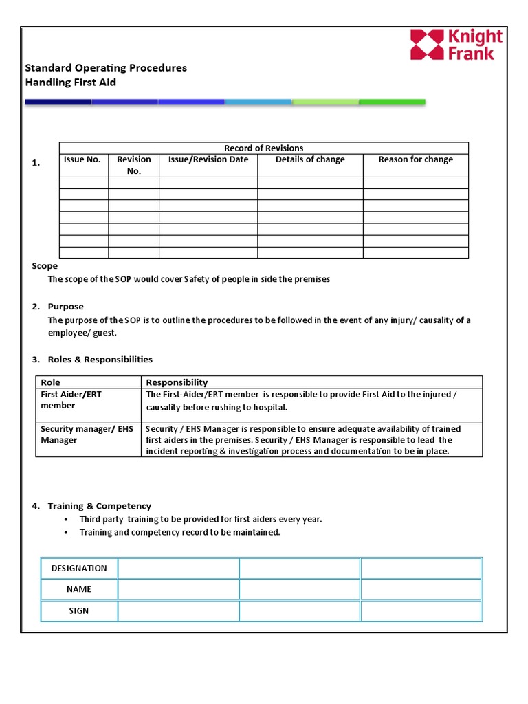 SOPs Handling First Aid | PDF | First Aid | Medical Specialties