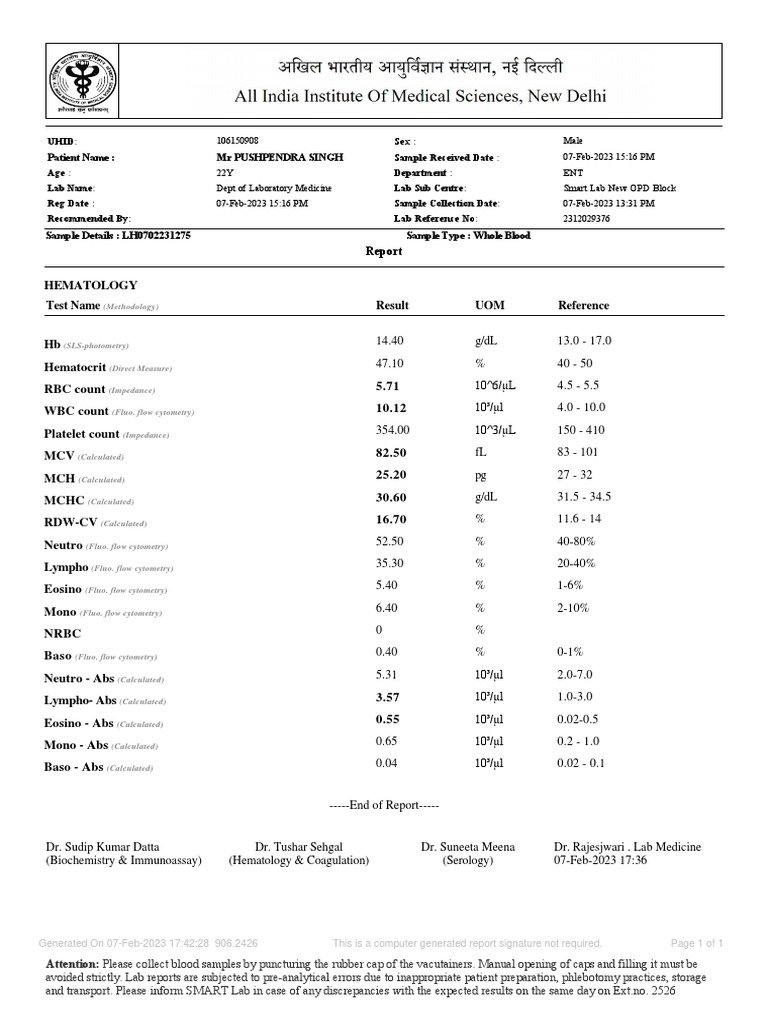 Hematology Lab Report for Mr. Singh | PDF | Medical Tests | Medical ...