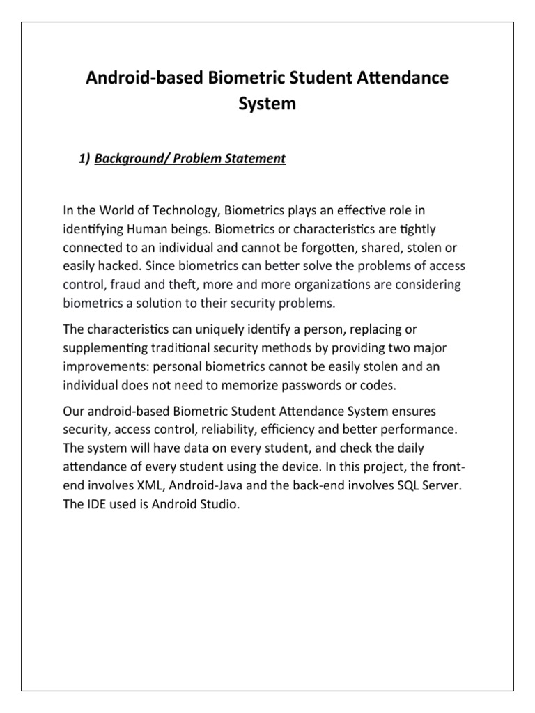 AndroidBased Biometric Student Attendance System 1) Background/ Problem Statement PDF
