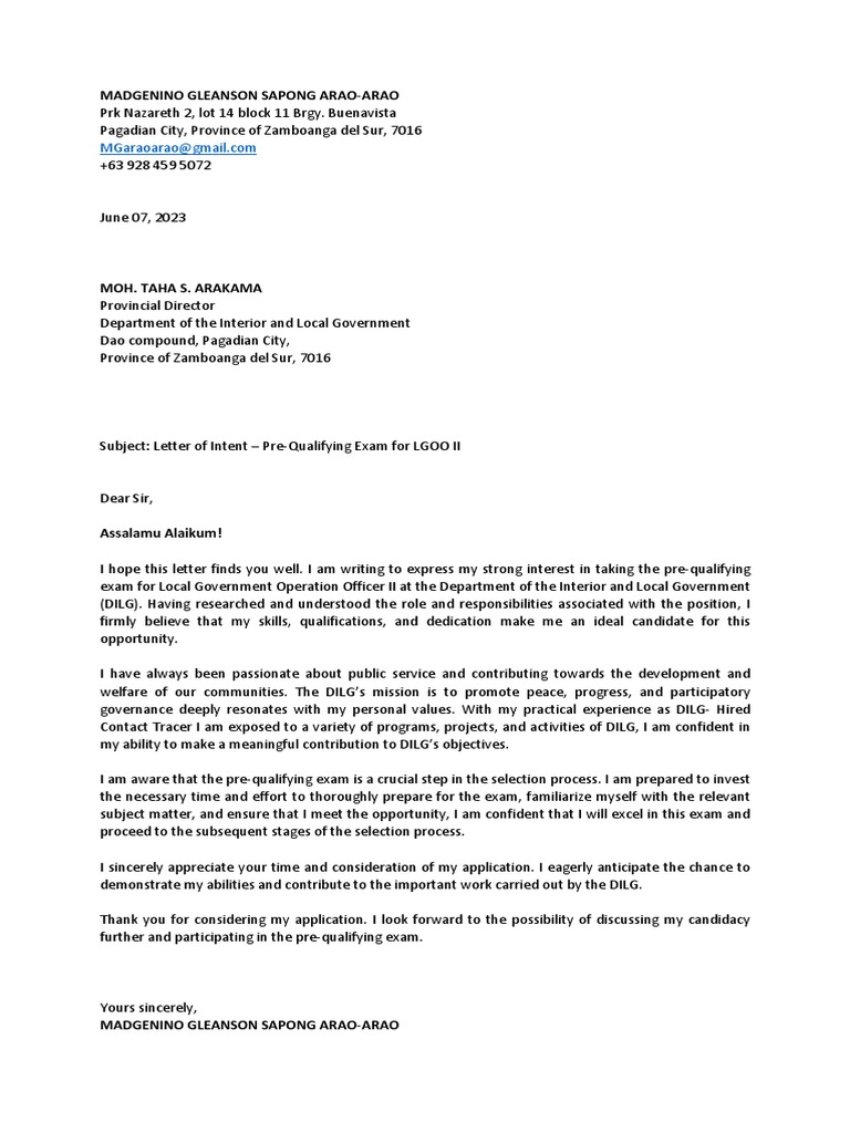 Letter of Intent Pre Qualifying Exam Dilg PDF