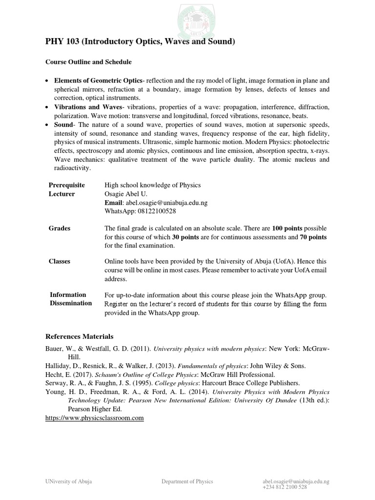 PHY 103 Course Outline: Waves & Optics | PDF | Waves | Optics