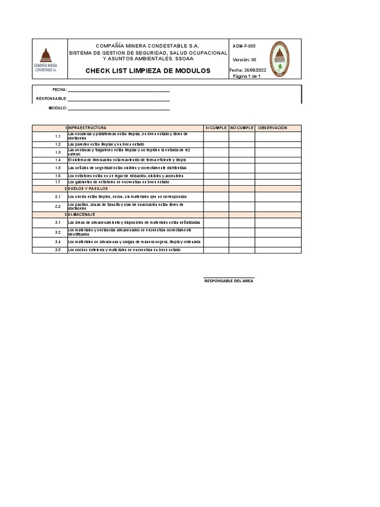 Adm-F-005 Check List de Limpieza de Modulos | PDF