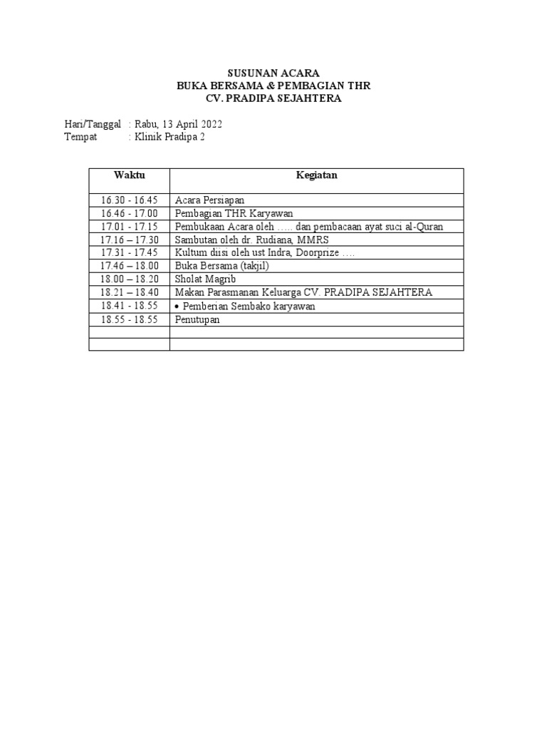 Rundown Bukber CV. Pradipa Sejahtera | PDF