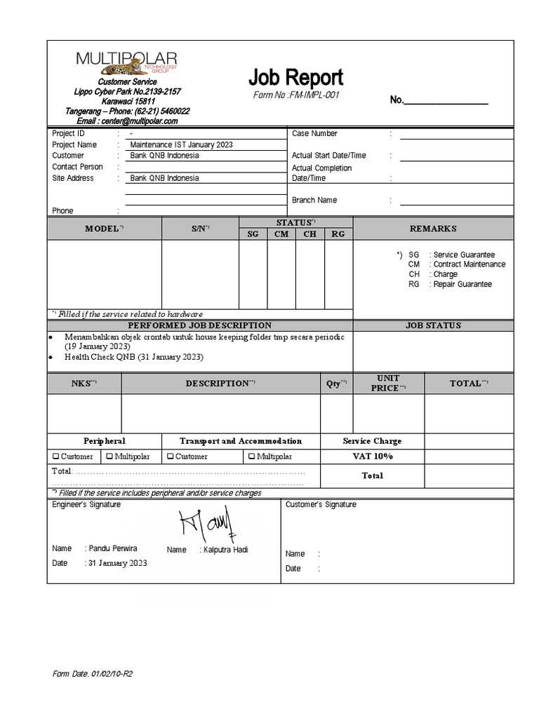 Job Report IST Maintenance QNB Contoh Dengan Dua Tanda Tangan PDF