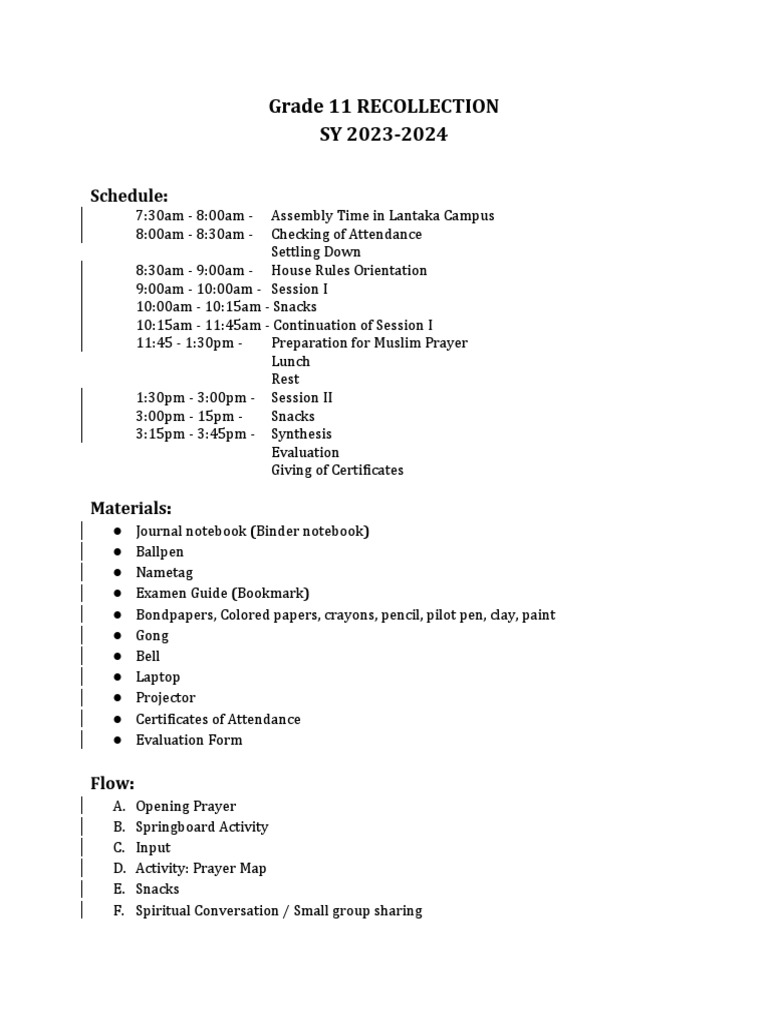 Recollection Schedule and Activities | PDF | Prayer | God In Islam