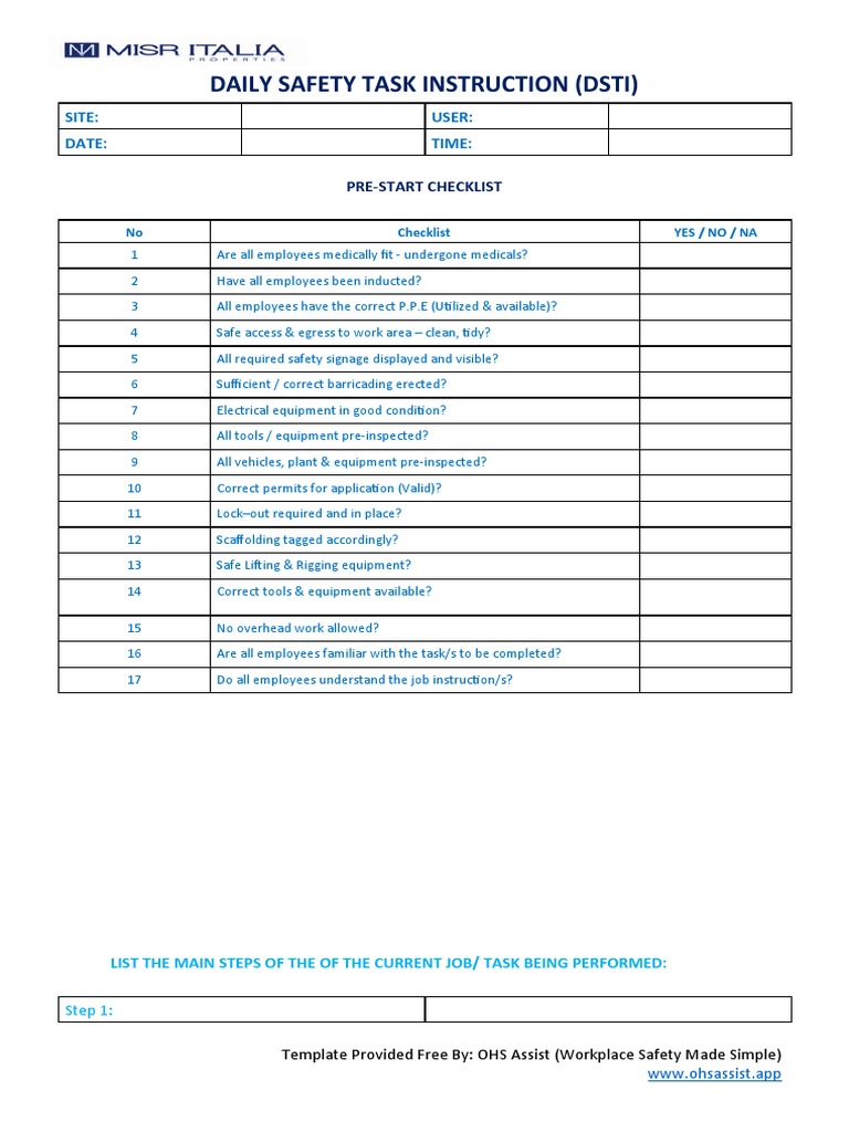 Daily Safety Task Instruction Template | PDF | Occupational Safety And ...