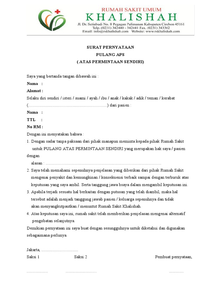 Surat Pernyataan Pulang APS Pasien | PDF