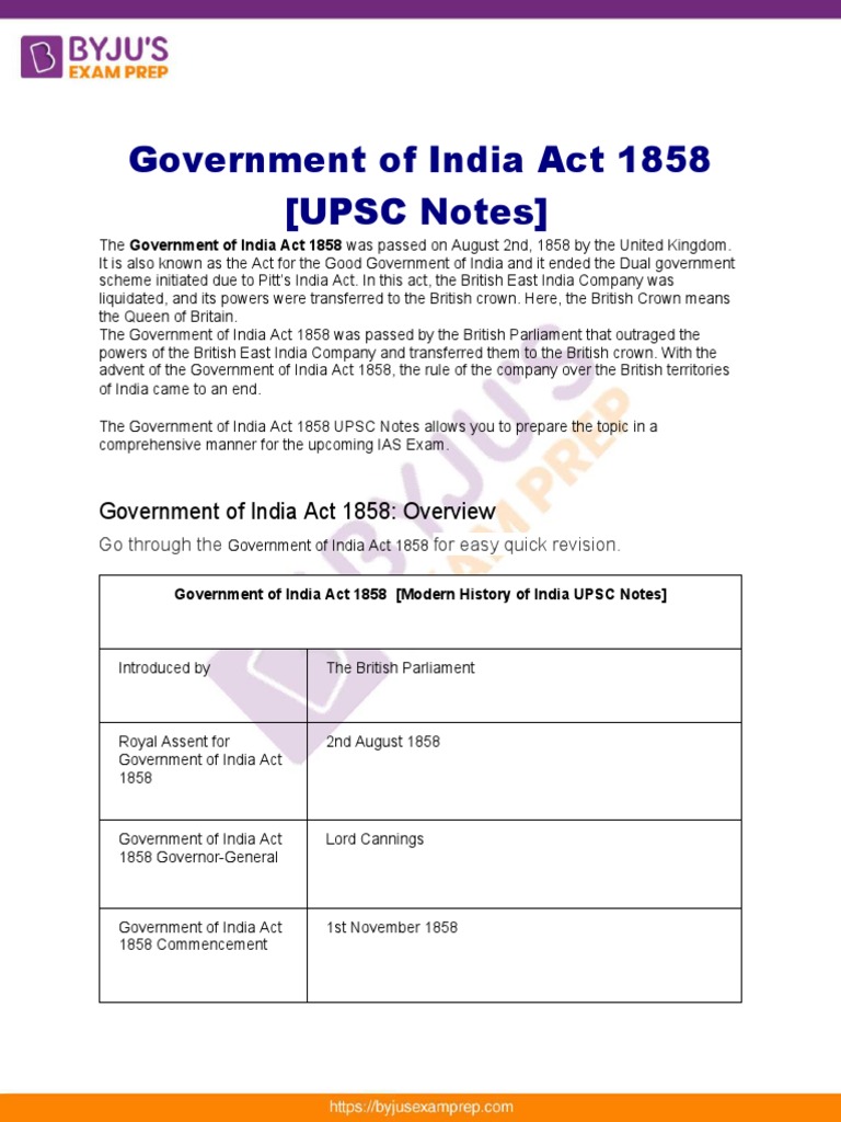 Government of India Act 1858 Upsc Notes 95 PDF British Raj