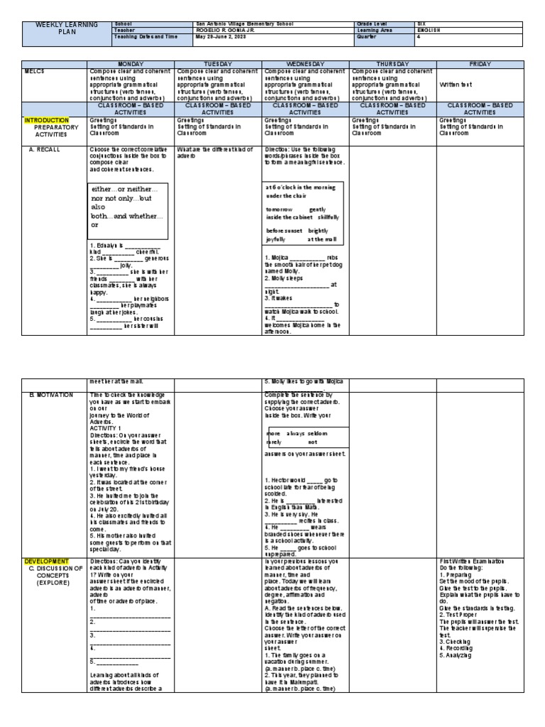 Weekly English Learning Plan for Grade 6 | PDF | Adverb | Verb