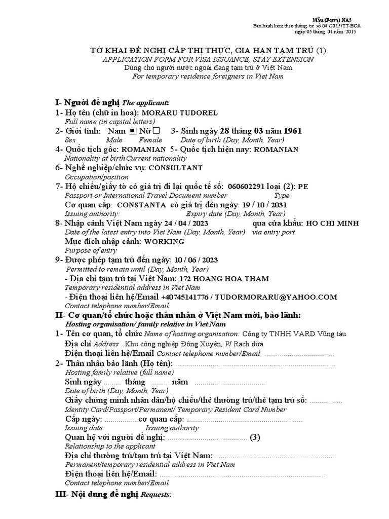 Mẫu NA5. Tờ khai xin cấp visa thị thực | PDF