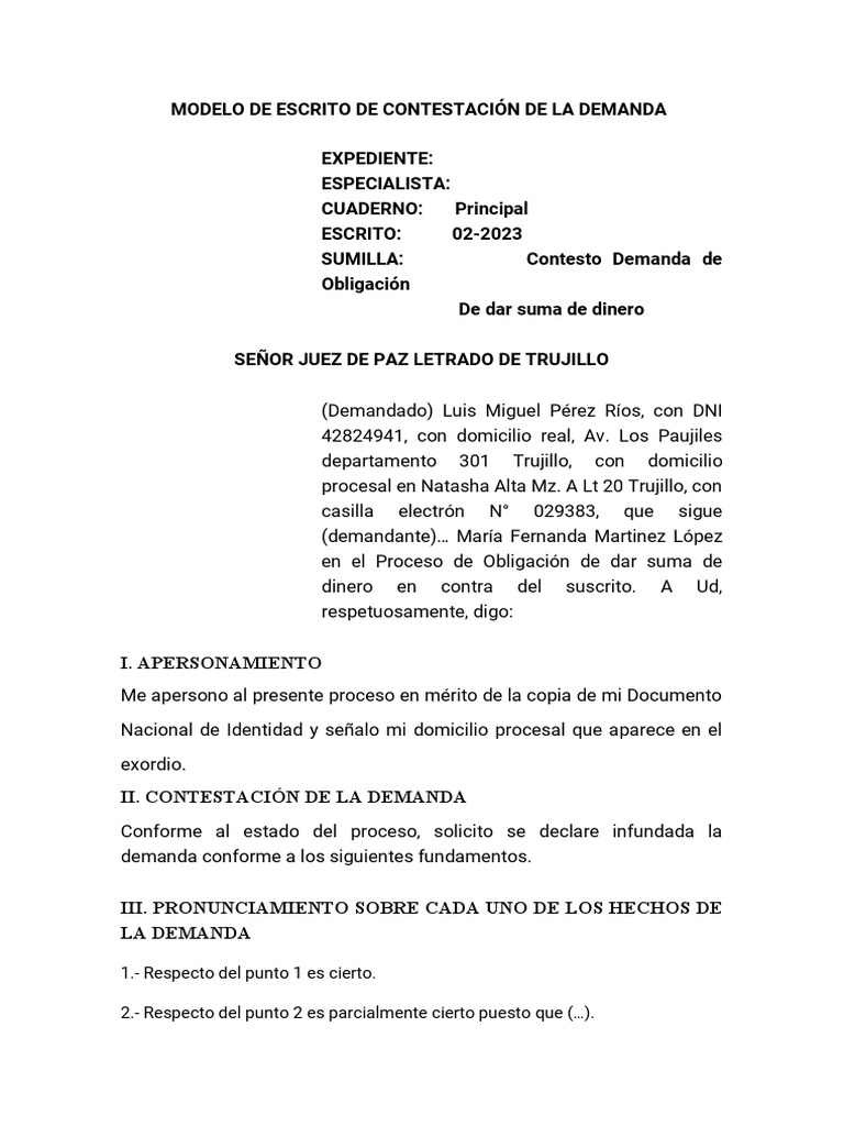 Contestación de La Demanda de Obligación de Dar Suma de Dinero | PDF ...