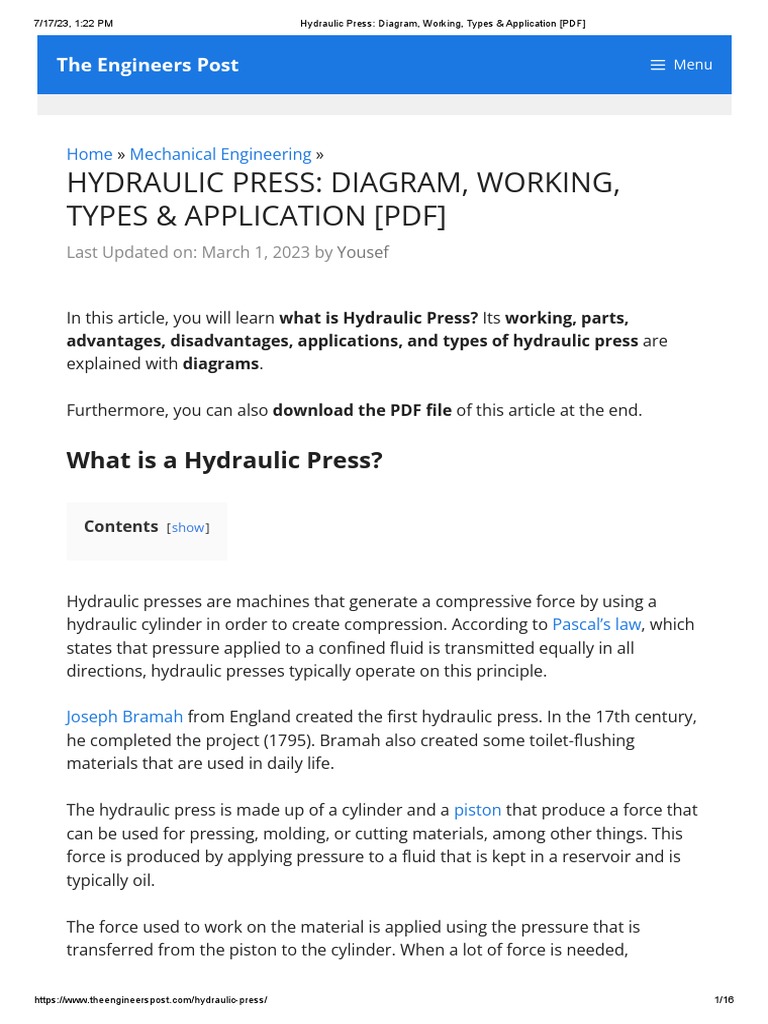 Hydraulic Press Diagram, Working, Types & Application (PDF) PDF
