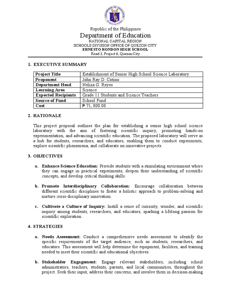 SHS Science Laboratory Project Proposal PDF Laboratories Teachers