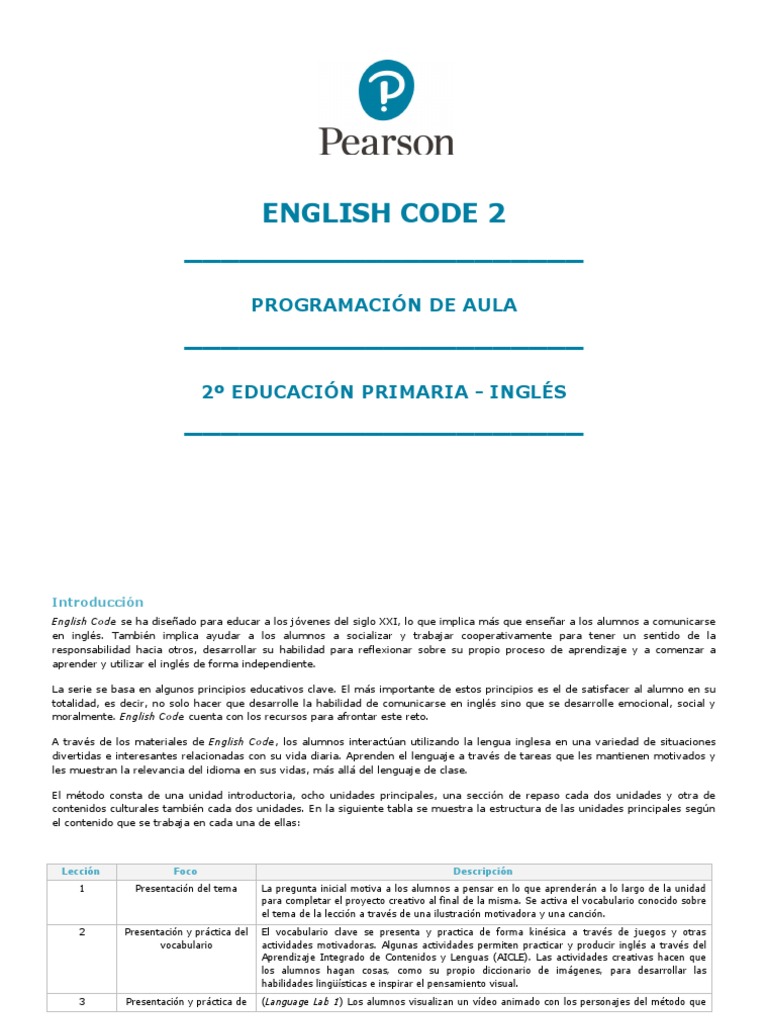 Programación English Code 2 Primaria | PDF | Cognición | Lingüística