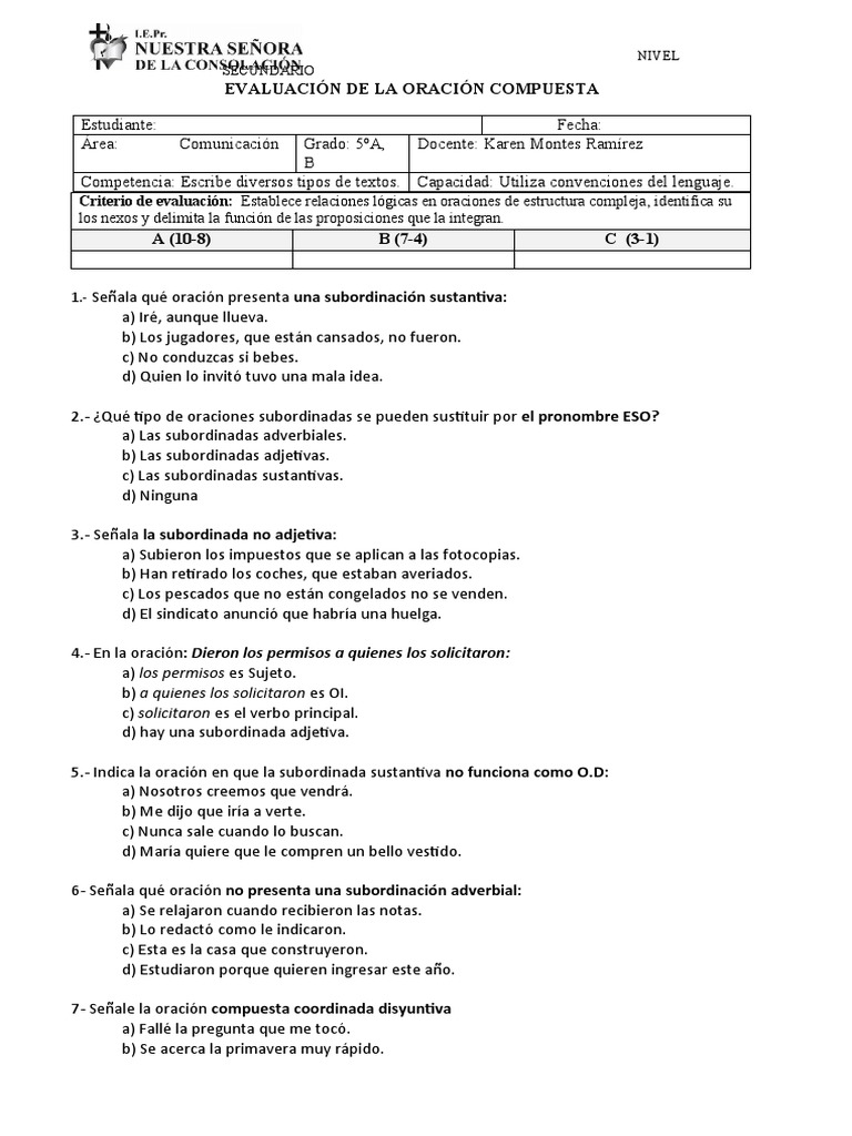 Prueba de Análisis de La Oracion Compuesta 2023 | PDF | Oración ...