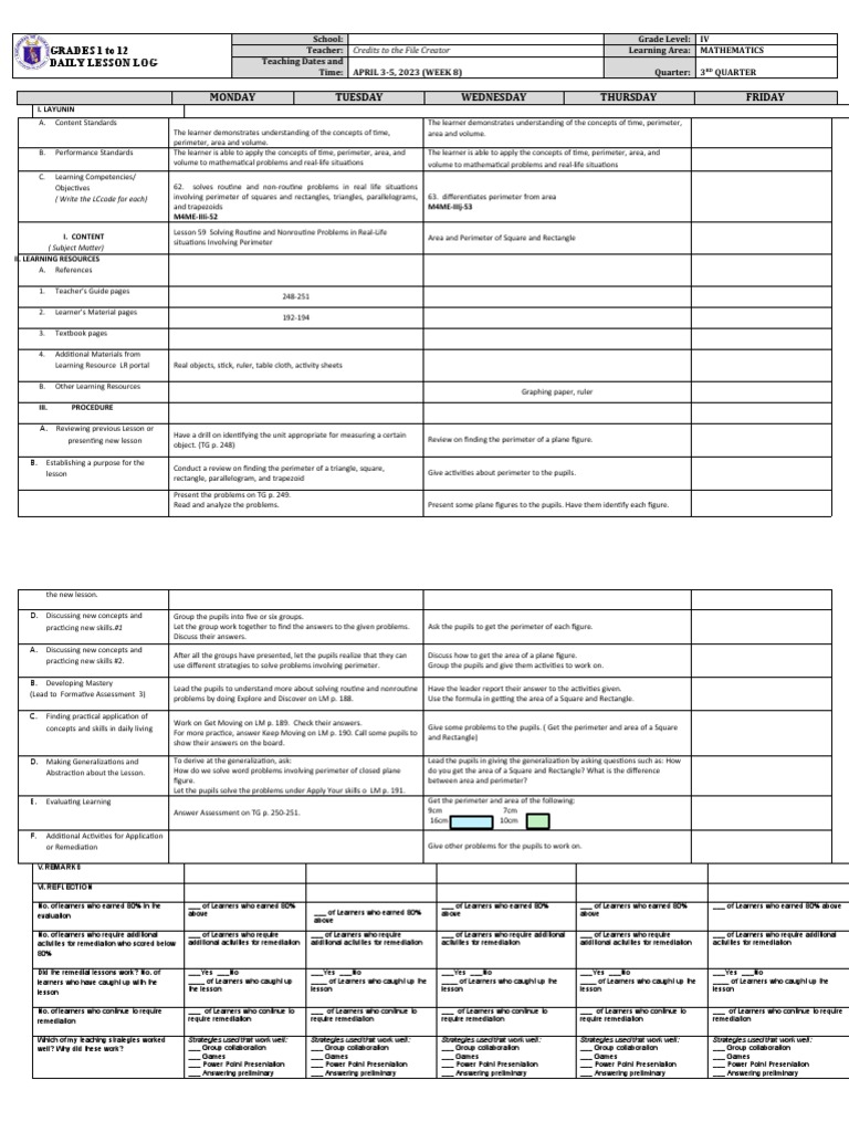 Dll mathematics 4 q3 w8 pdf area behavior modification