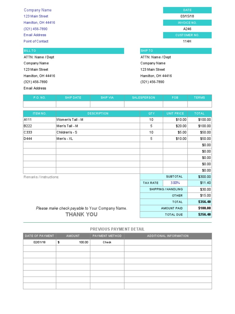 Invoice With Partial Payment Excel Template Invoice Payment Sampl | PDF