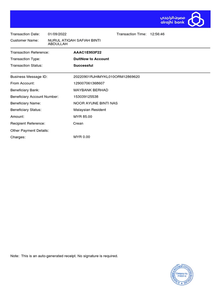 AlRajhi 24seven TRANSACTION RECEIPT | PDF