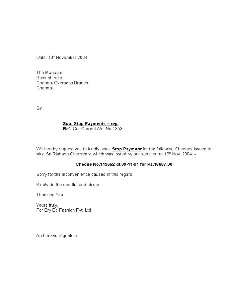Stop Payment Request for Lost Cheques | PDF
