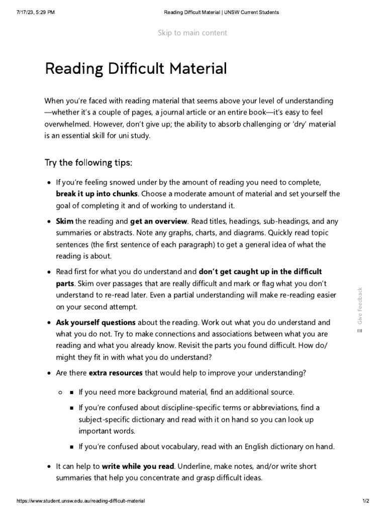 1c. Reading Difficult Material UNSW Current Students PDF