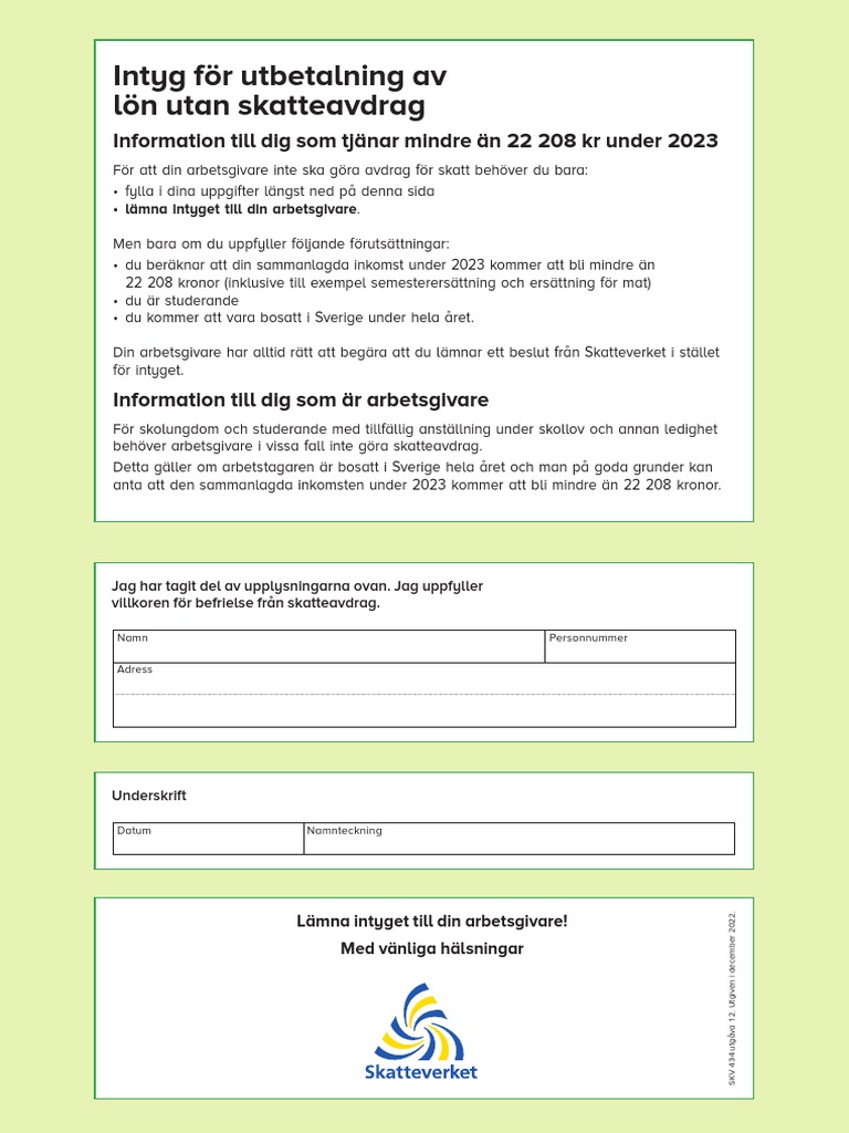 Intyg For Utbetalning Av Lon Utan Skatteavdrag Skv434 Utgava12 | PDF