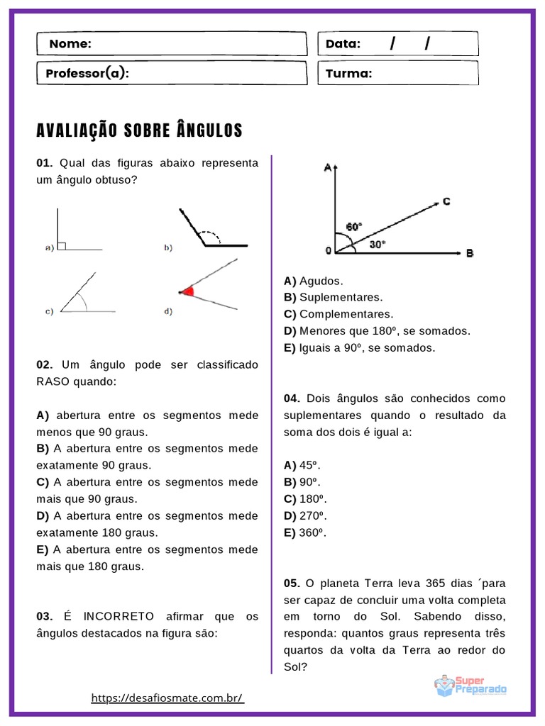 Avaliação de Ângulos para 4º Ano | PDF | Ângulo | Triângulo