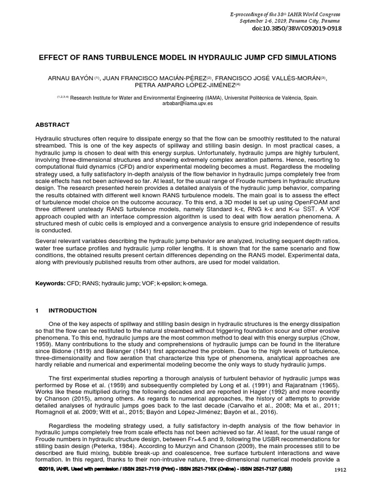 Effect of Rans Turbulence Model in Hydraulic Jump CFD Simulations PDF