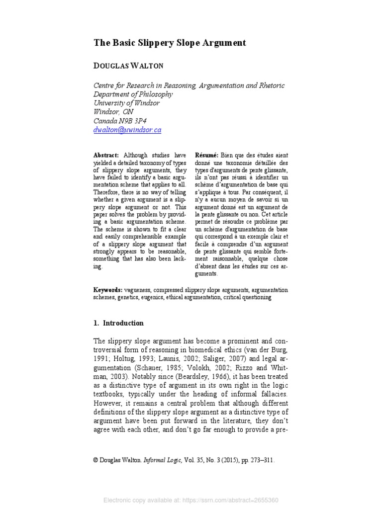 The Basic Slippery Slope Argument DOUGLAS WALTON PDF Argument