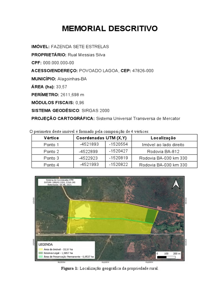 MEMORIAL DESCRITIVO para Identificação de Imovel Rural | PDF