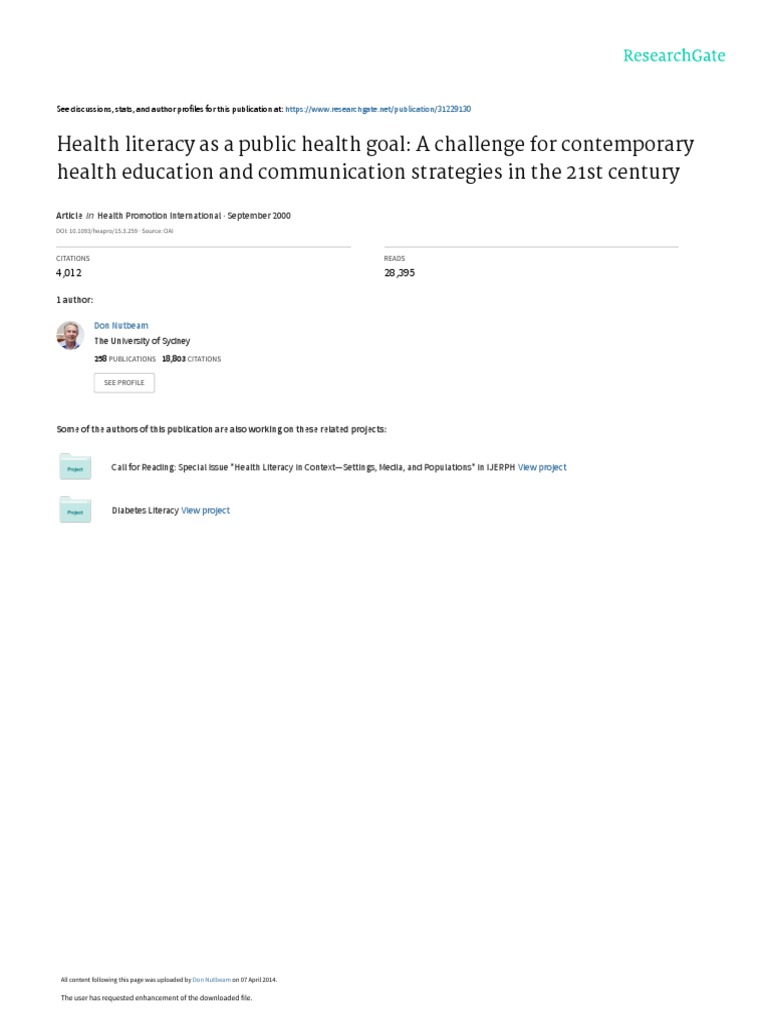 Health Literacy As A Public Health Goal A Challeng | PDF | Literacy ...